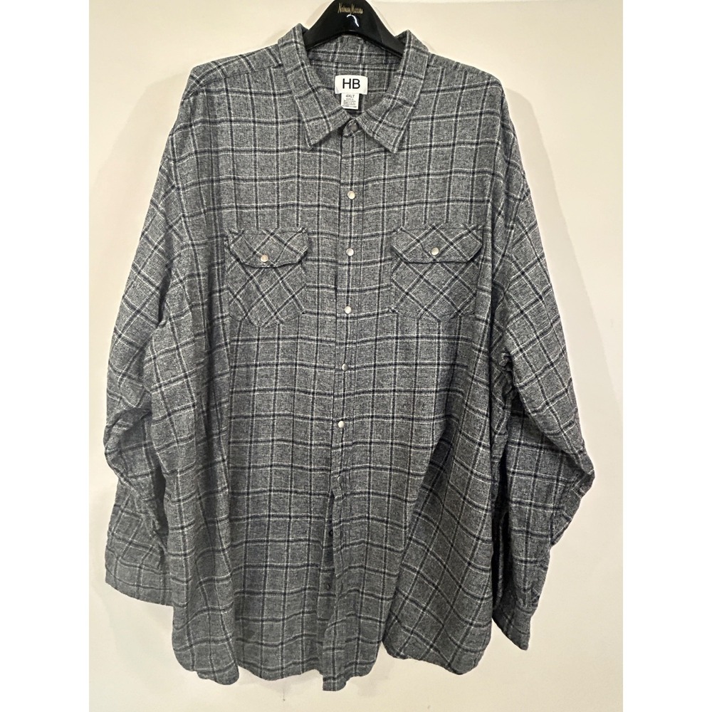 HB Men's 4XL Gray Plaid Long Sleeve Snap Button Up Shirt Cotton Big & Tall